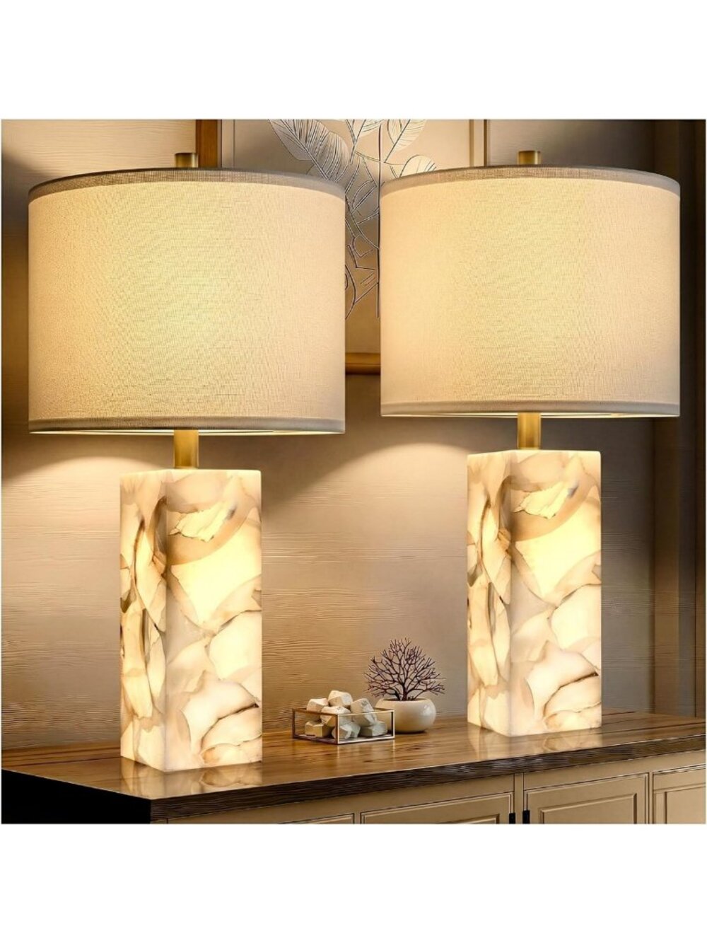 Elegant 23" Alabaster Table Lamp Set of 2 with Night Light for Home Decor